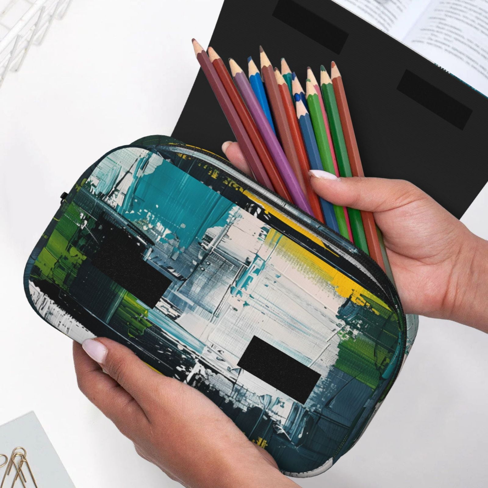 Rateoe Abstract Brushstrokes Green Blue Pattern Double Clamshell Pen Case, Storage Organizer with Two Zipper Compartments– Holds Up to 50 Pencils & Pens