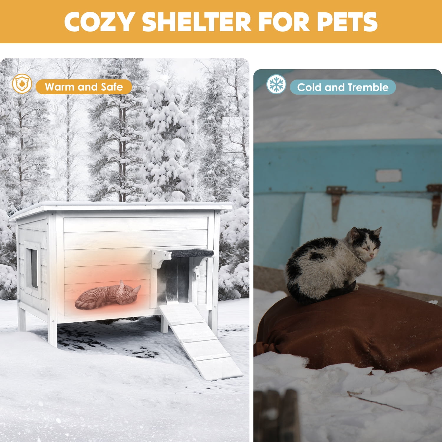 Hidpriva Insulated Wooden Outdoor Cat House, Weather-Resistant Feral Cat Shelter for Winter w/ Foldable Ladder & Visible Window, White