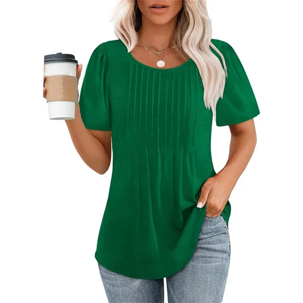 Tops de empalme de manga corta plisados para mujer, de Color sólido Jersey de rayas con cuello redondo, camiseta femenina, camisetas informales cómodas de verano