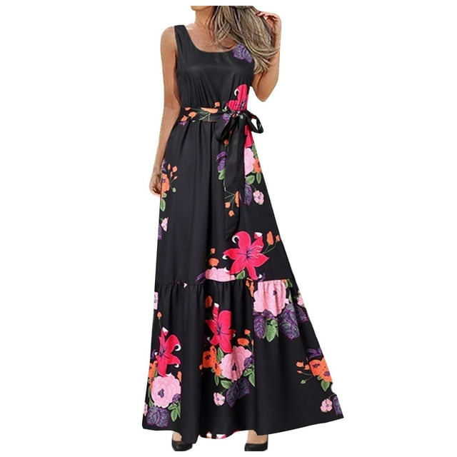 Robes d'Été pour Femmes Imprimé Floral Sans Manches Robes d'Été Décontractées Longues avec Ceinture