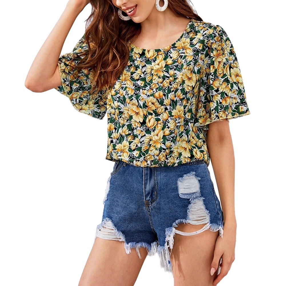 s Floral Print Tops Short Sleeve Tunic 