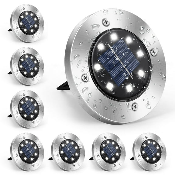 8 Pack Solar Powered Waterproof LED Garden Lights, Stainless Steel Outdoor Pathway Lights with Auto On/Off, Buried Disk Lighting for Yard, Patio, Driveway (White)