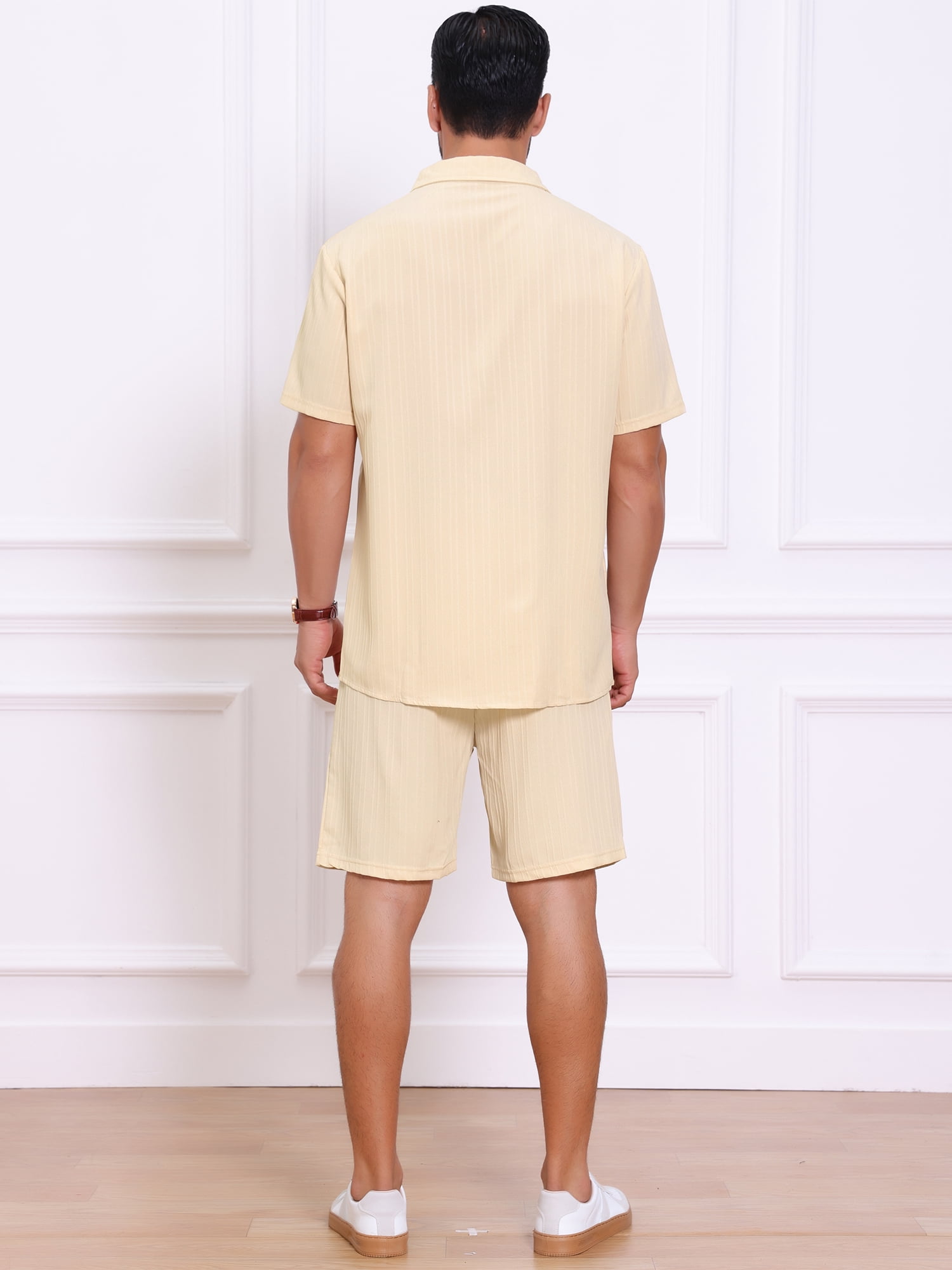 DARING DIVA Men's 2 Pieces Beach Shirt & Shorts Striped Textured Outfits L Beige