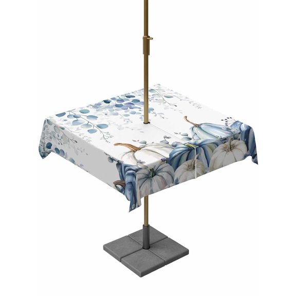 Outdoor Tablecloth with Umbrella Hole and Zipper, Blue White Pumpkins Square Table Cloth 54x54 Inch Waterproof Tablecloth, Thanksgiving Fall Blue Eucalyptus Leaves Picnic Table Cover for Patio