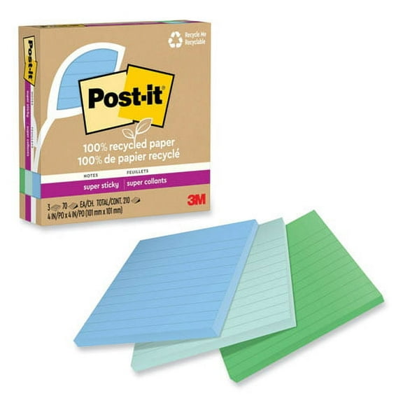 100% recycled paper super sticky notes, ruled, 4" x 4", oasis, 70 sheets/pad, 3 pads/pack | Bundle of 2 Packs
