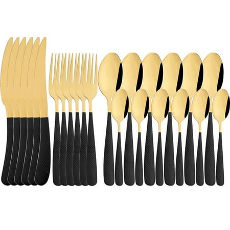 

Drmfiy Vintage Gold 24Pcs Dinnerware Set Stainless Steel Tableware Set Knife Fork Spoon Silverware Kitchen Colorful Cutlery Set