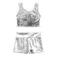 thumbnail image 6 of Zaldita Women's Club Outfits Shiny Metallic Leather Crop Top 2 Piece High Waist Gym Outfit Yoga Silver XL, 6 of 7
