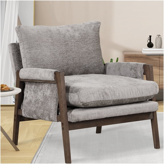 Mid-Century Modern Velvet Accent Chair with Padded Armrests, Gray