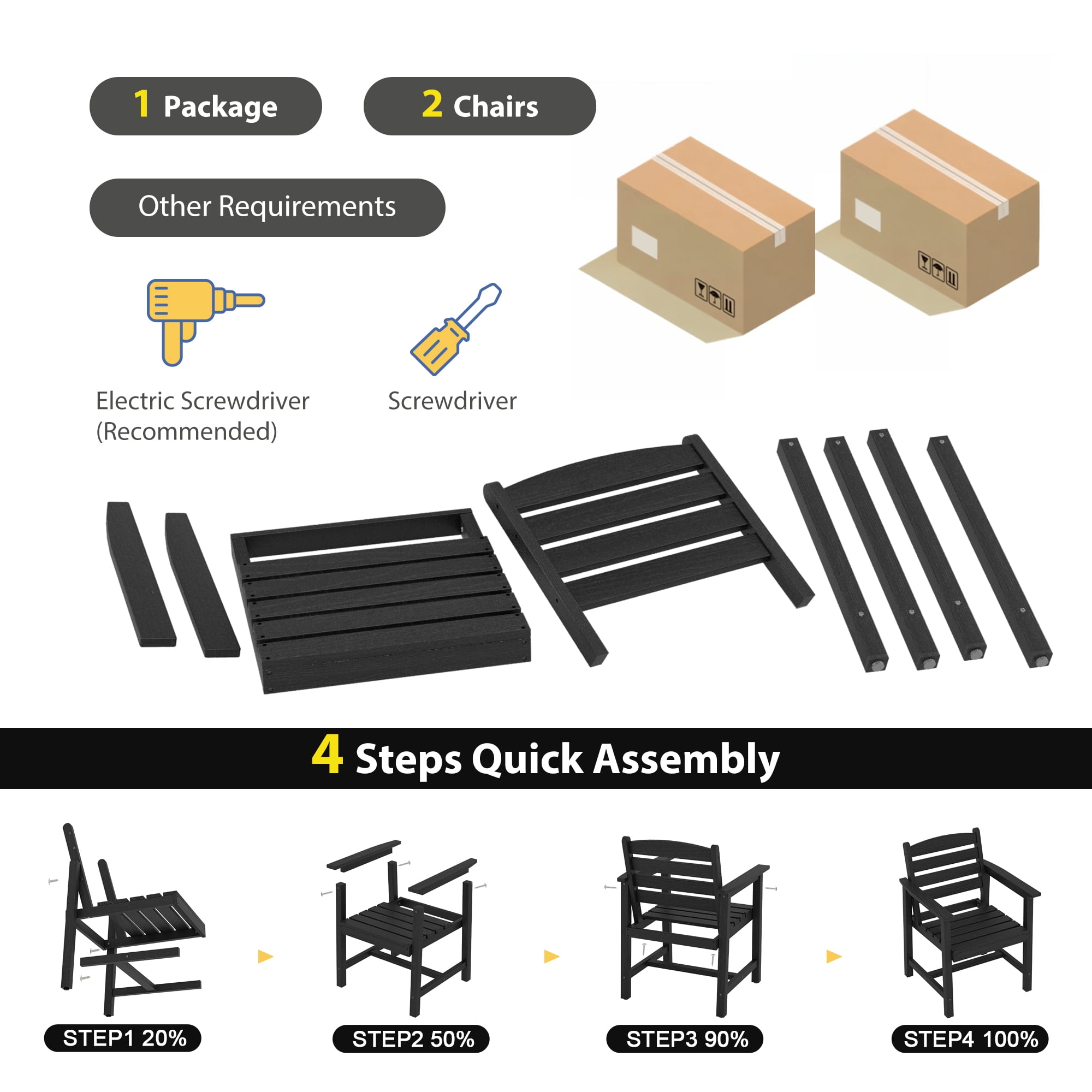 Eclife Set of 2 outdoor patio dining chairs Plastic Plywood Weather Resistant for Balcony Deck Pool Lawn Garden Backyard, Black