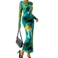 thumbnail image 2 of Women'S Bodycon Maxi Dress Fashion Long Sleeve Floral Print Tight Fitted Party Club Ruched Dresses Dark Green XS, 2 of 10