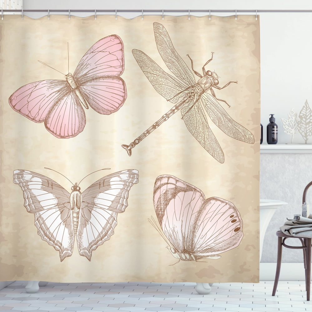 Vintage Shower Curtain, Butterflies Bugs Old Collector Image on