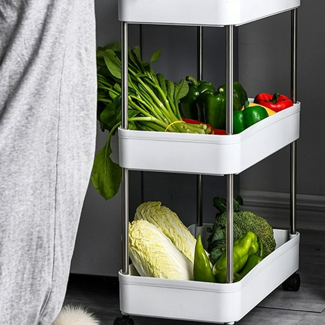 Chariot de Rangement Roulant, 3 Niveaux, Matériau en Acier Inoxydable, Unité d'Étagères Mobile, avec Roues et Anneaux Latéraux, Tablettes Ajustables, pour l'Organisation de la Cuisine, de la Salle de Bain et de la Buanderie