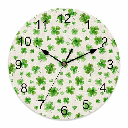 Large Wall Clock 12 Inch Clovers St. Patrick's Day Round Silent Decorative Wall Clocks Battery Operated for Living Room Bedroom Kitchen Classroom Decor, Green Shamrock Pattern Beige
