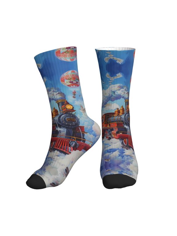 Crew Socks for Women Men Athletic - Cartoon Train Hot Air Balloon Soft Comfort Breathable Mid-Calf Sole Running Socks Womens Men