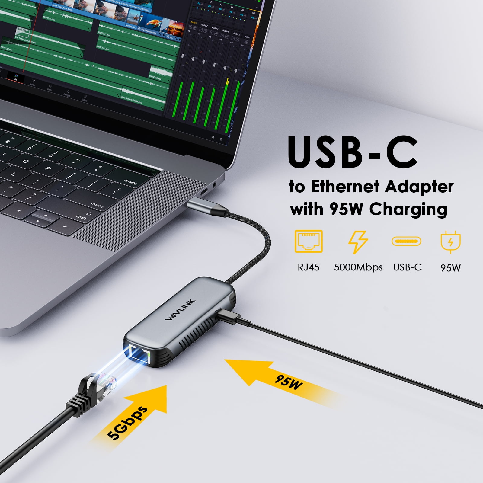WAVLINK 5Gbps USB-C to Ethernet Adapter with 95W PD, 5000Mbps RJ45 Port, USB 3.2, Wake-On-LAN, Plug & Play for Windows/Mac/Linux/Chrome OS – Compact & Portable