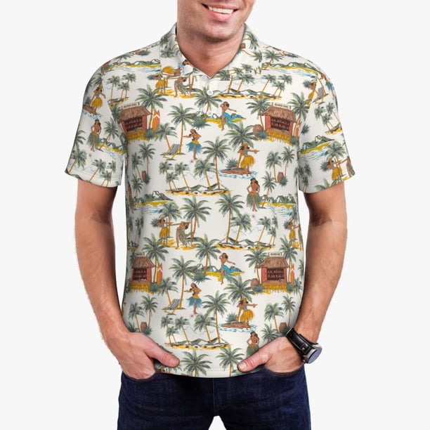 Balery Hawaiian Style Camisa Polo de Hombre con Estampado, de Manga Corta y Tejido Medio, Camisa Tipo Golf Polo-Medium