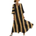 thumbnail image 2 of Uscallm Women Plus Size V Neck Short Sleeve Boho Flowy Striped Maxi Dresses Loose Casual Beach Vacation Swing Long Dresses with Elastic Waist, Gold 2XL, 2 of 8