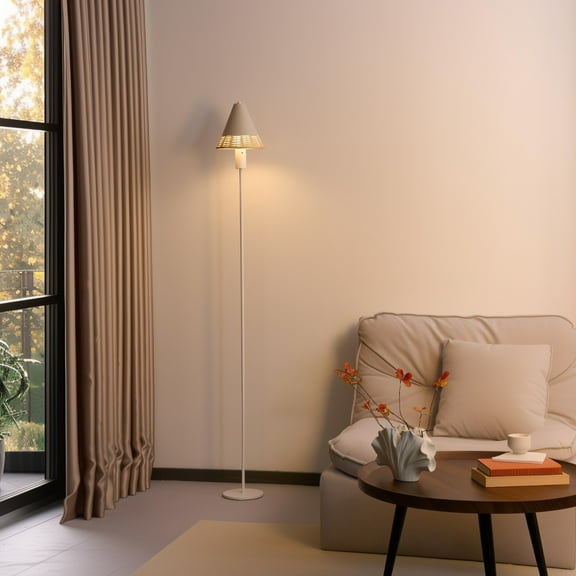 Modern Cordless Rechargeable Floor Lamp, Woven Rattan Cone Shade, 3 Color Temperatures (2700K/4000K/6000K), Dimmable Touch Control, 58" Tall Battery Operated Accent Light for Living Room, Bedroom, Re