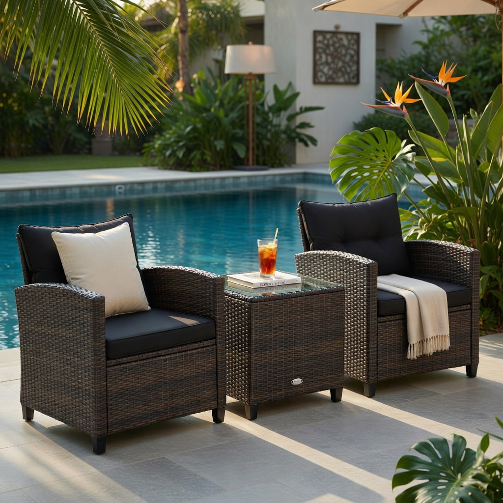 Hommoo 3-Piece Outdoor Rattan Patio Furniture Set with Cushioned Chairs & Tempered Glass Coffee Table, Black