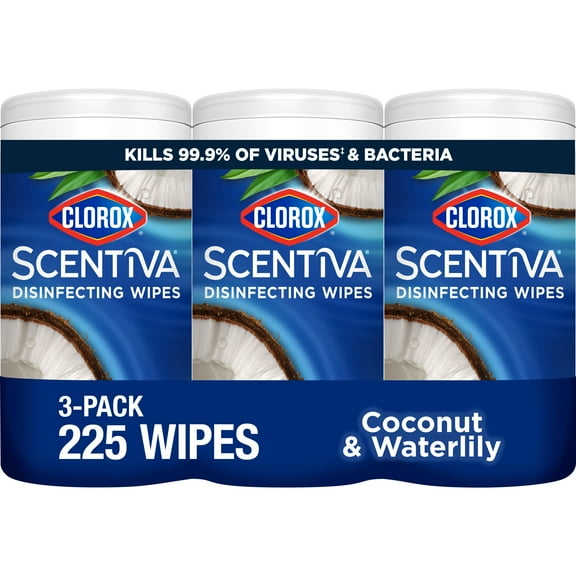 Clorox Scentiva Bleach Free Cleaning Wipes, Coconut and Waterlily, 225 Count, 3 Pack