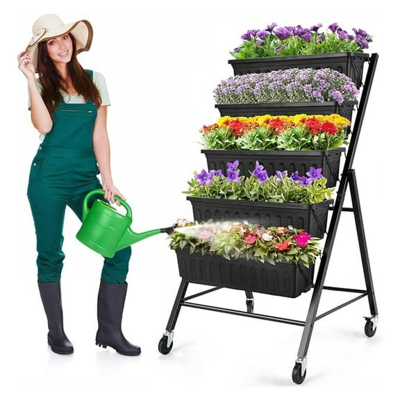 4FT Vertical Garden Bed, 5 Tiers Raised Garden Planter, 25.6 * 26 * 48Inch With 4 & 4 Wheels, Vegetable Flower Stand for Garden Patio Yard, Black