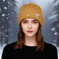 thumbnail image 2 of AWZXDE Women's Lightweight Pearl Knitted Hat with Ear for Cold Weather Comfort and Stylish Daily Wear Yellow, 2 of 6