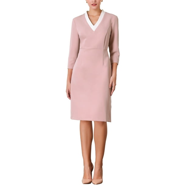 VESTIDO LÁPIZ DE MANGA 3/4 DE MUJER INSPIRAR CHIC, CUELLO EN V, COLOR DE CONTRASTE, VESTIDOS ELEGANTES DE TRABAJO, TALLA XL, ROSA