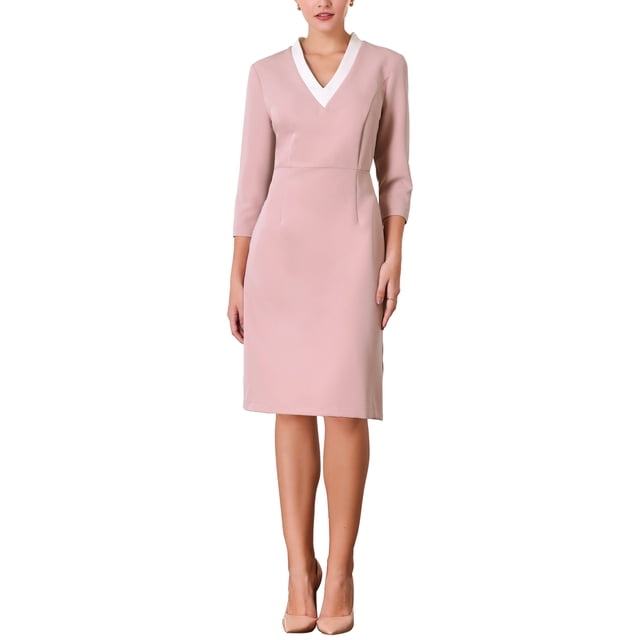 VESTIDO LÁPIZ DE MANGA 3/4 DE MUJER INSPIRAR CHIC, CUELLO EN V, COLOR DE CONTRASTE, VESTIDOS ELEGANTES DE TRABAJO, TALLA XL, ROSA