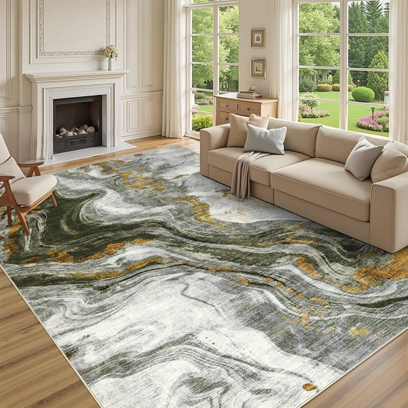 Nanan 5x7 Modern Abstract Print Area Rug Contemporary Accent Carpet, Washable Non-Slip Floor Mats for Living Room Bedroom Home Decor, Green