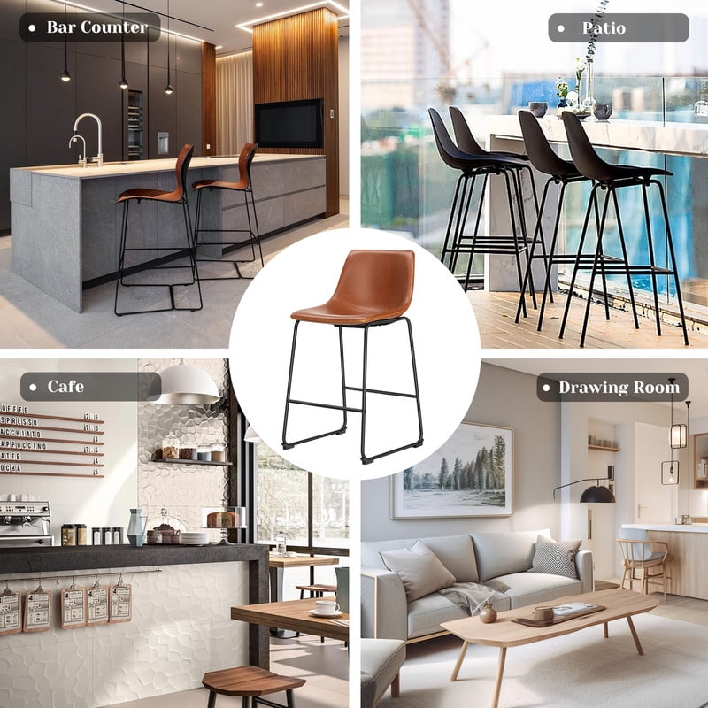 Gianna Counter Height Bar Stools Set of 2, Modern Faux Leather High Barstools with Back and Metal Leg, Bar Chairs for Kitchen Island, Brown