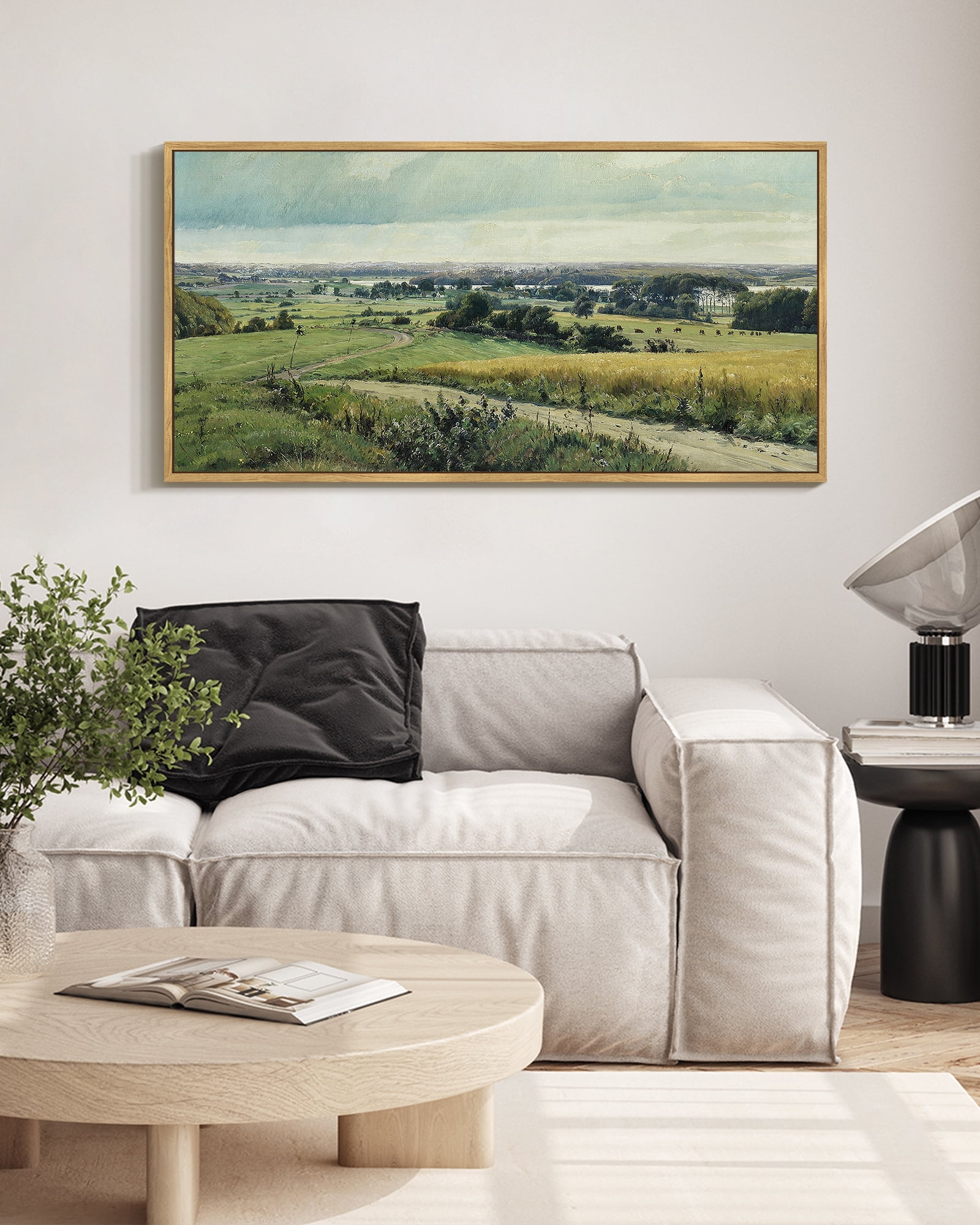 Drsoum Large 20x40in Natural Framed Vintage Landscape Wall Art Rustic Countryside Meadow Farmhouse Decor Retro Grassland Painting for Bedroom Living room Bedroom