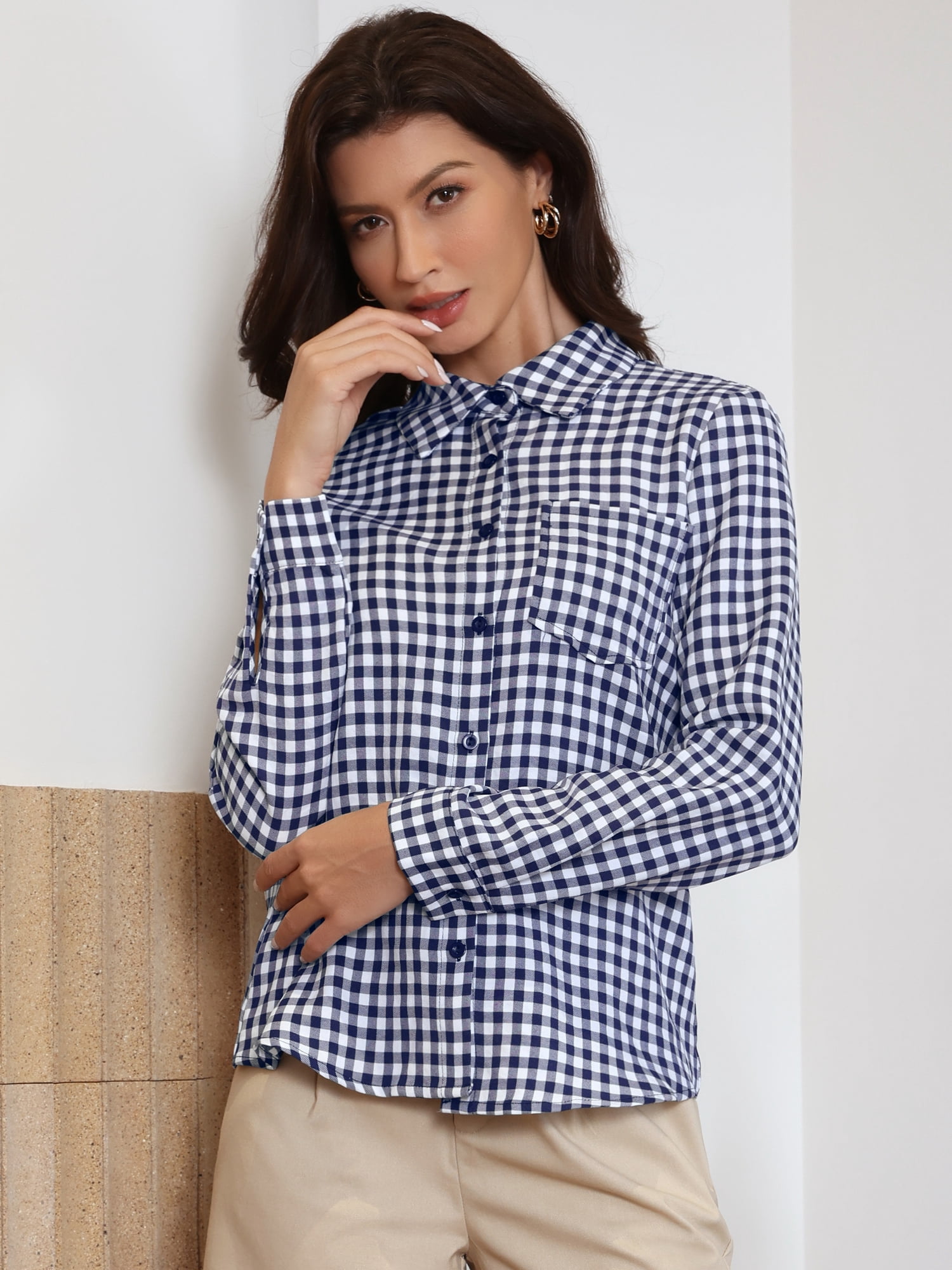 DARING DIVA Women's Plaid Button Down Long Sleeve Collared Gingham Work Blouse L Blue