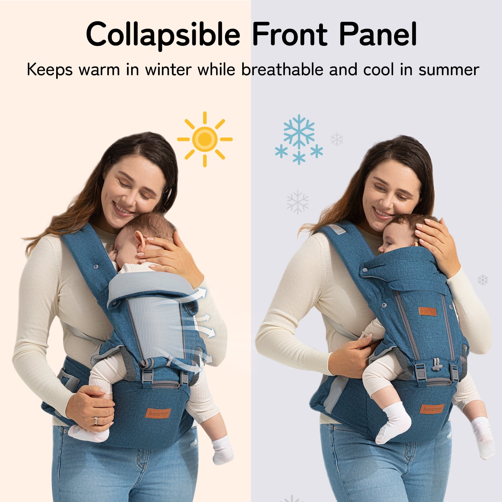 Besrey 9-in-1 Baby Carrier with Hip Seat & Lumbar Support for Infants 7-45 lbs, Unisex Gray