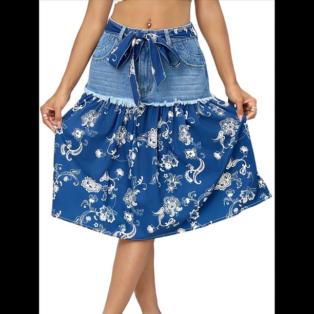 Falda Vaquera Informal con Lazo para Mujer, Falda Larga de con Estampado Floral Estilo Bohemio, Falda Paraguas. Azul M