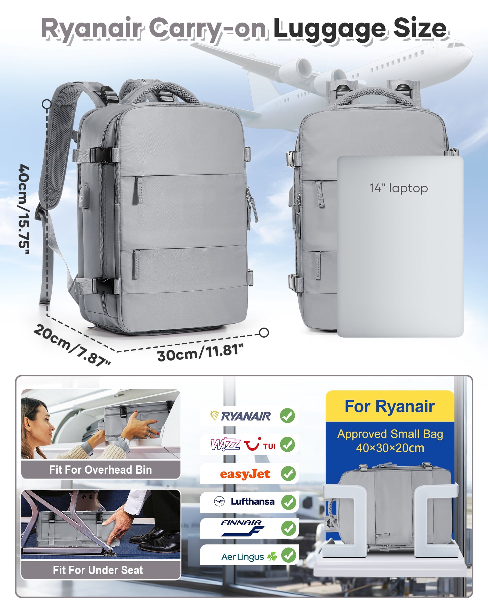 SYCNB Vacuum Travel Backpack for men women, Large Capacity Airline Approved Carry-On Backpack Features USB Charging Port, Waterproof Rucksack Fits 16 Inch Laptop, for Traveling Business, Gray