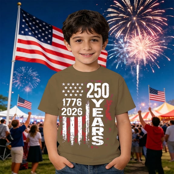Boys 250 Anniversary USA Shirt Casual Fashion 250 Years America Shirt Short Sleeve Celebration Patriotic Flag American 250 Years 4th July 2026 T-Shirt(Coffee,8-9 Years)