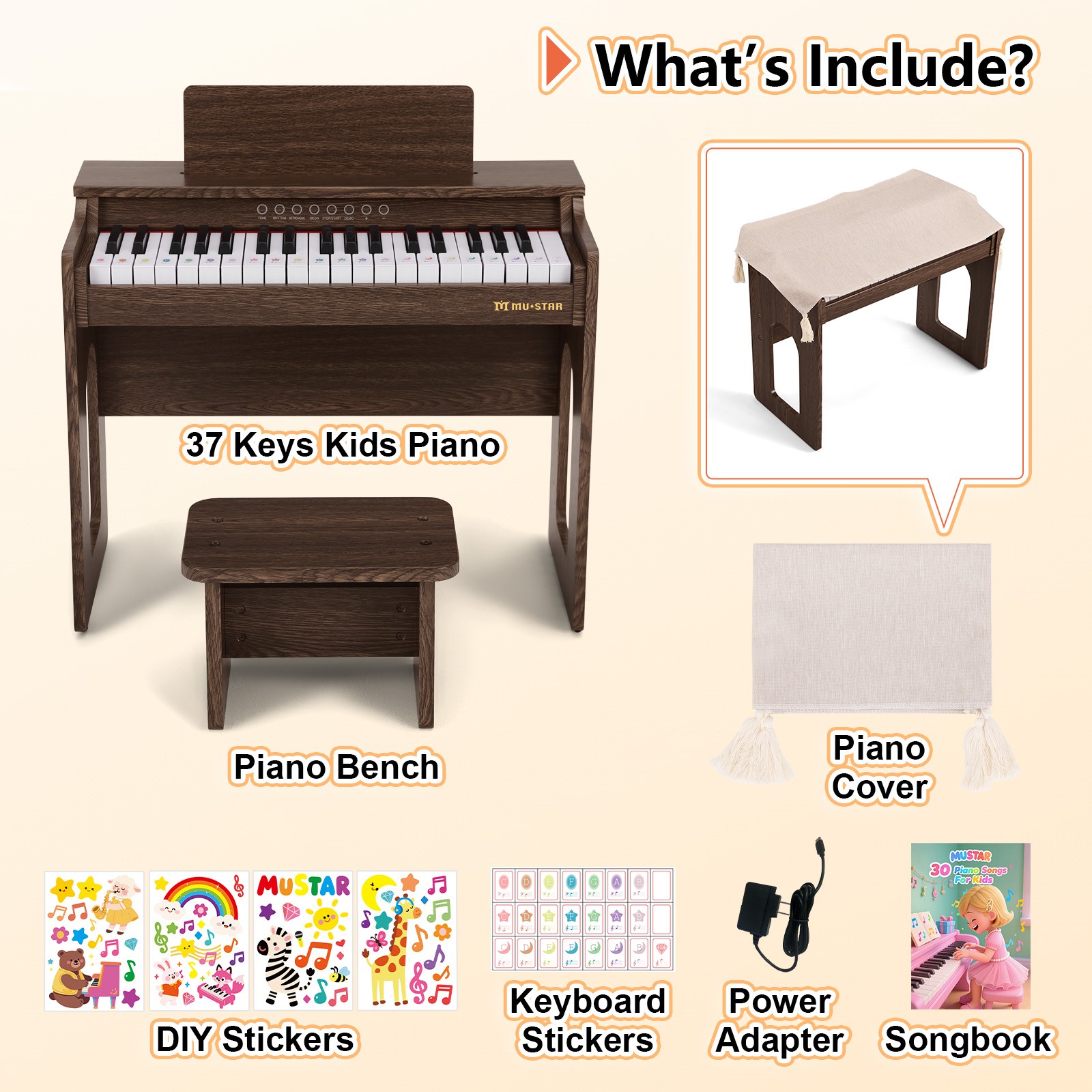 Brown 37Keys Kids Digital Piano Keyboards Wooden Toys Toddler Gifts for Music Education w/Bench,Stickers