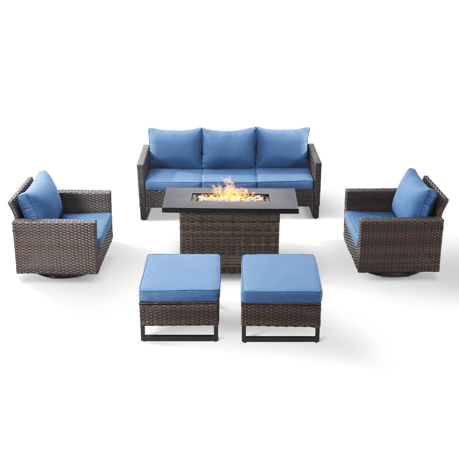 POCASSY 6PCS Outdoor Furniture Set with Fire Pit Table - All Weather Patio Conversation Set with Brown Wicker Outdoor Swivel Chairs and 41" Propane Firepit Table for Balcony, Porch, Garden - Blue
