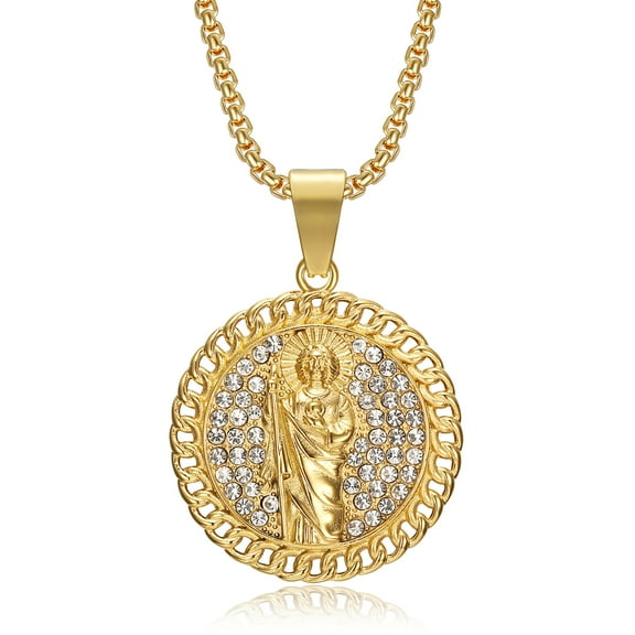 NEGS 18K Gold Plated Saint Jude Pendant 24'' Chain San Judas Tadeo Medalla Cadena Oro Laminado Christian Prayer Stainless Steel Necklace