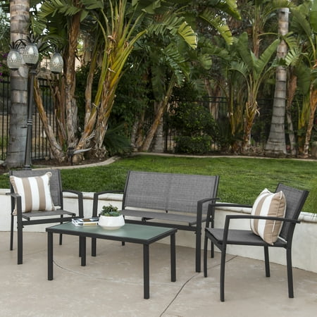 Best Choice Products 4-Piece Patio Metal Conversation Furniture Set w/ Loveseat, 2 Chairs, and Glass Coffee Table-