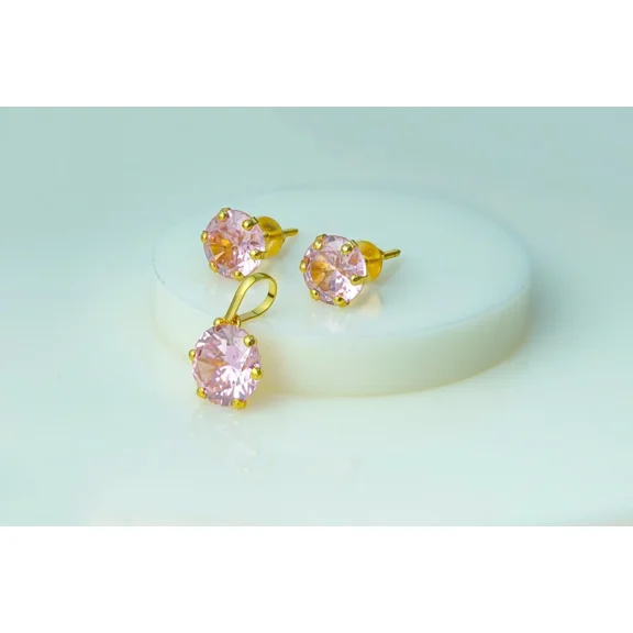 Women's Wedding Pendant & Earring Solitaire Jewelry Set 14K Yellow Gold Plated 2.00Ct Round Cut Simulated Pink Sapphire 925 Silver