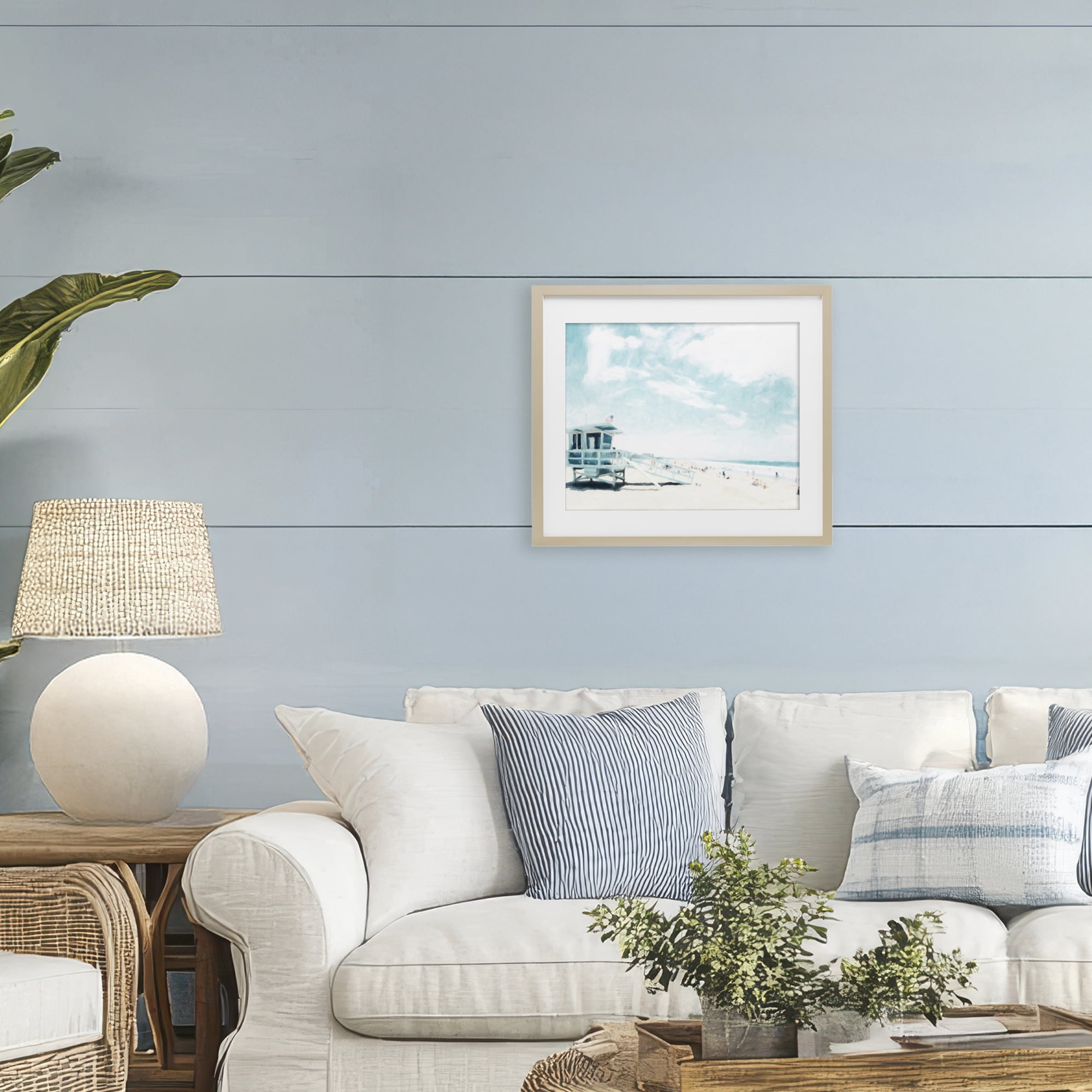 Stupell Industries Blue Beach Station Birch Framed Print Under Glass, design by Kim Curinga