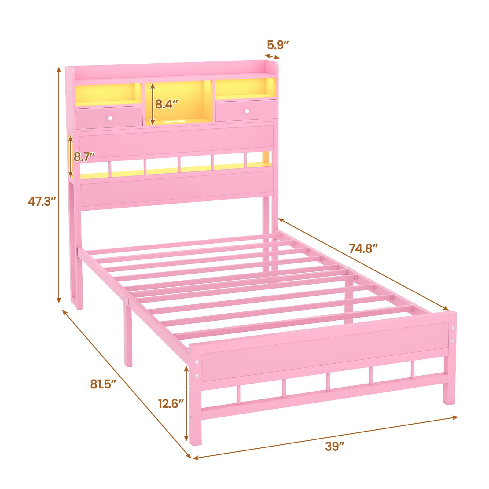 Afuhokles Twin Size Platform Bed Frame with Storage Headboard and Charging Station, Pink