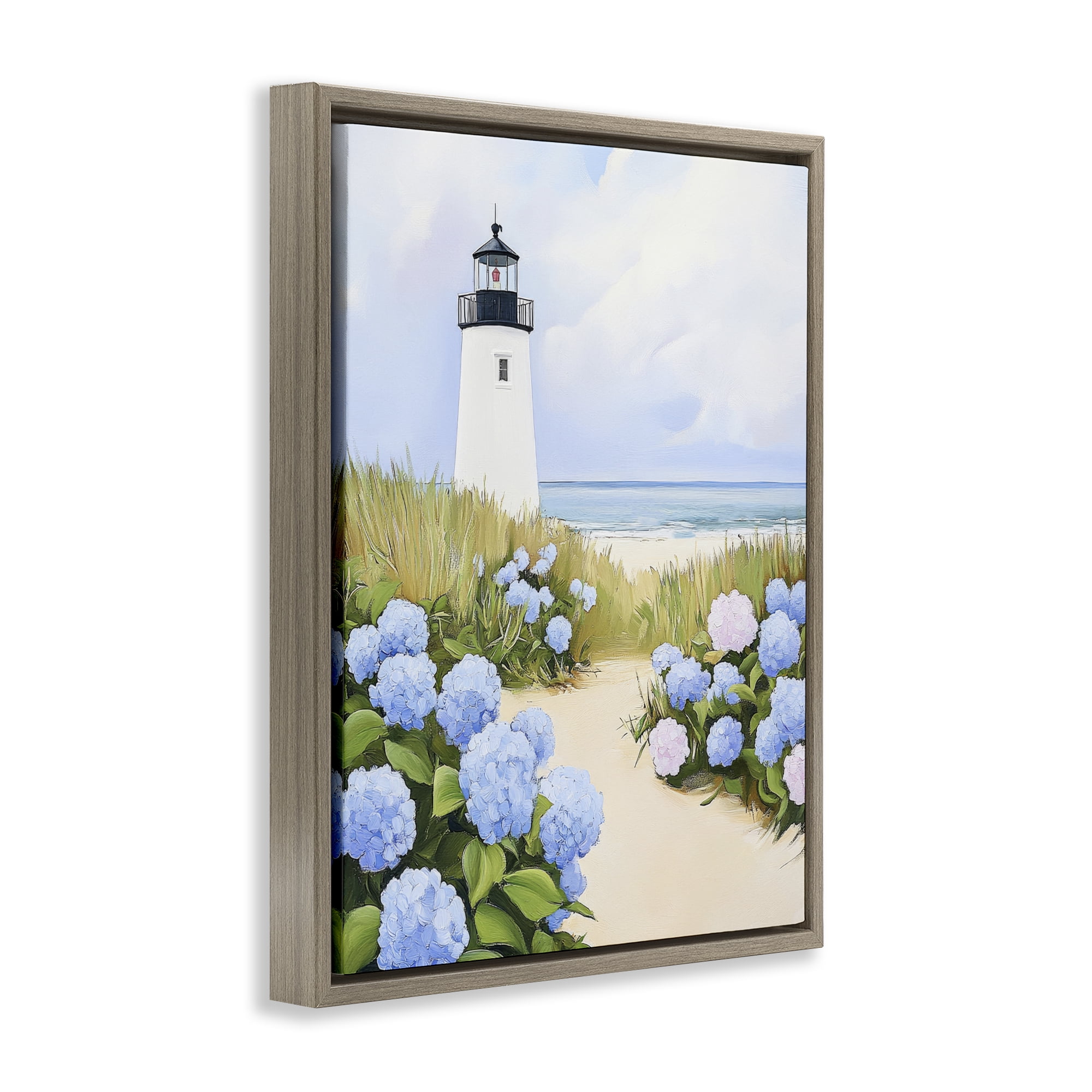 Stupell Industries Hydrangea Path Leading to Lighthouse Brown Framed Floater Canvas Wall Art, design by Sisi and Seb