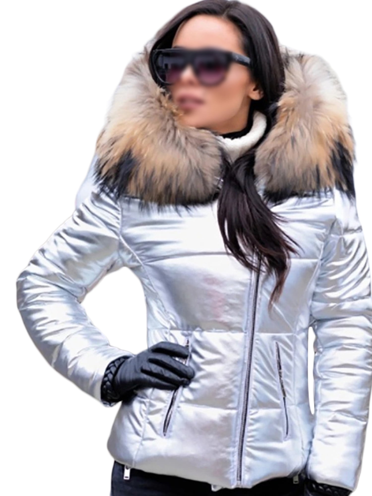 Women Winter Parka Puffer Bubble Fur Collar Hooded Quilted Jacket Warm Down Coat