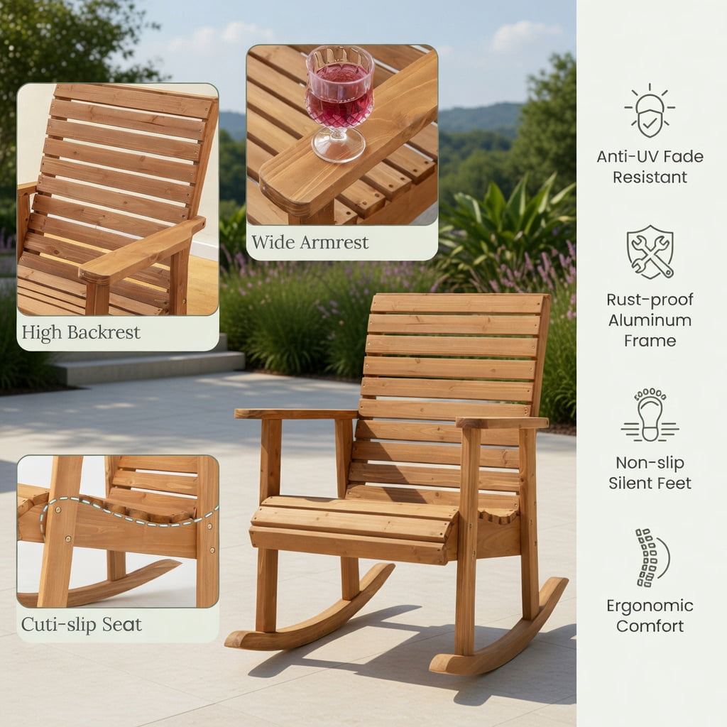 Hommoo Fir Wood Outdoor Rocking Chair with High Backrest, for Porch & Patio Seating, Brown