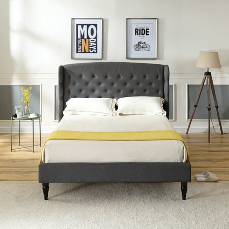 Upholstered Bed Frames And Headboards Modern Sleep Brighton Upholstered Platform Bed | Headboard and Wood Frame with Wood Slat Support | Grey, Multiple Sizes ()