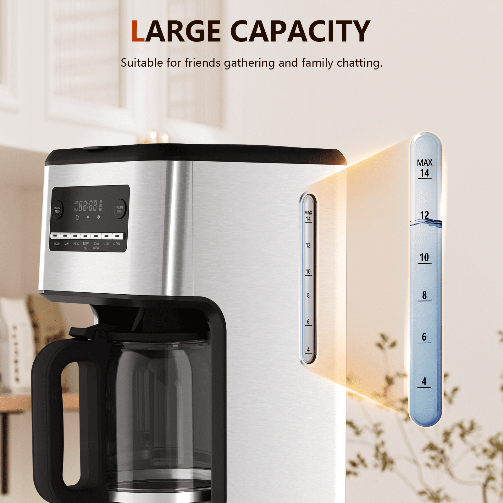 FREE VILLAGE Coffee Maker, Drip Coffee Machine, 14-Cup Glass Carafe, 24 Hours Programmable Coffee Brewer, Keep Warm,Washable Filter,Stainless Steel,Silver