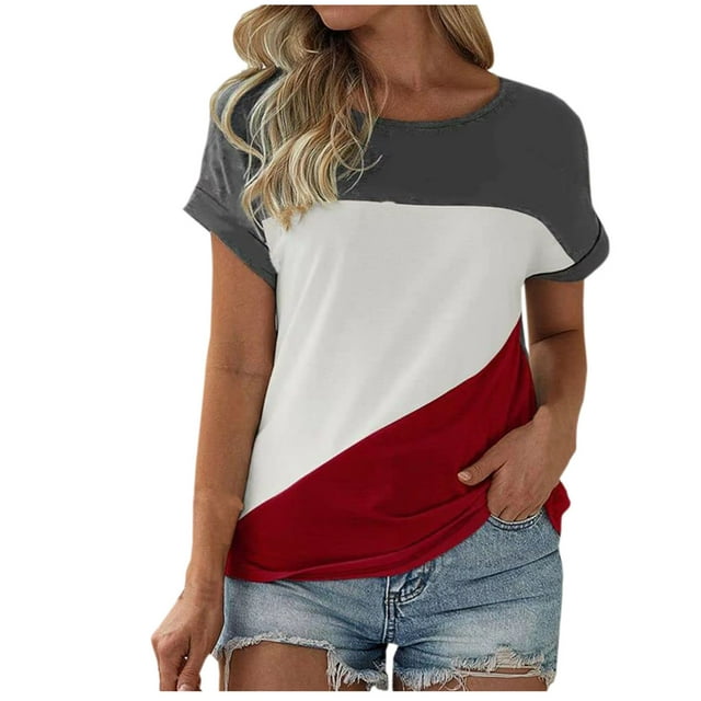 Blouses pour Femmes, Top à Col Rond à Blocs de Couleur Manches Courtes Col Rond/chemise