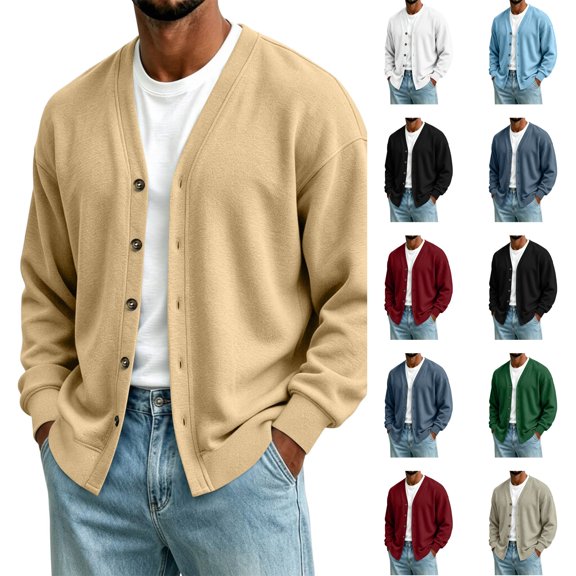 Dwellite Mens Cardigan Sweater Long Sleeve Button Down Sweaters Classic Fit Lightweight V Neck Cardigan Beige 2XL